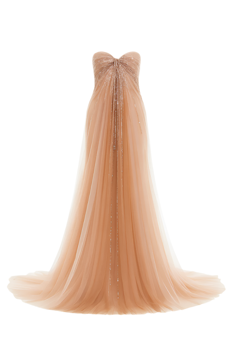 TULLE EMPIRE WAIST DRESS WITH DRAPING IN NUDE - CULT MIA