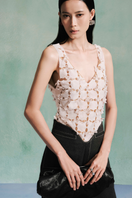 LECIA laser cut mesh silk chiffon tank top featuring delicate, semi-transparent fabric and intricate cutout design.
