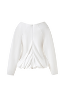 Light blue draped balloon blouse from LECIA, featuring flowing fabric and elegant design, shown on a hanger.
