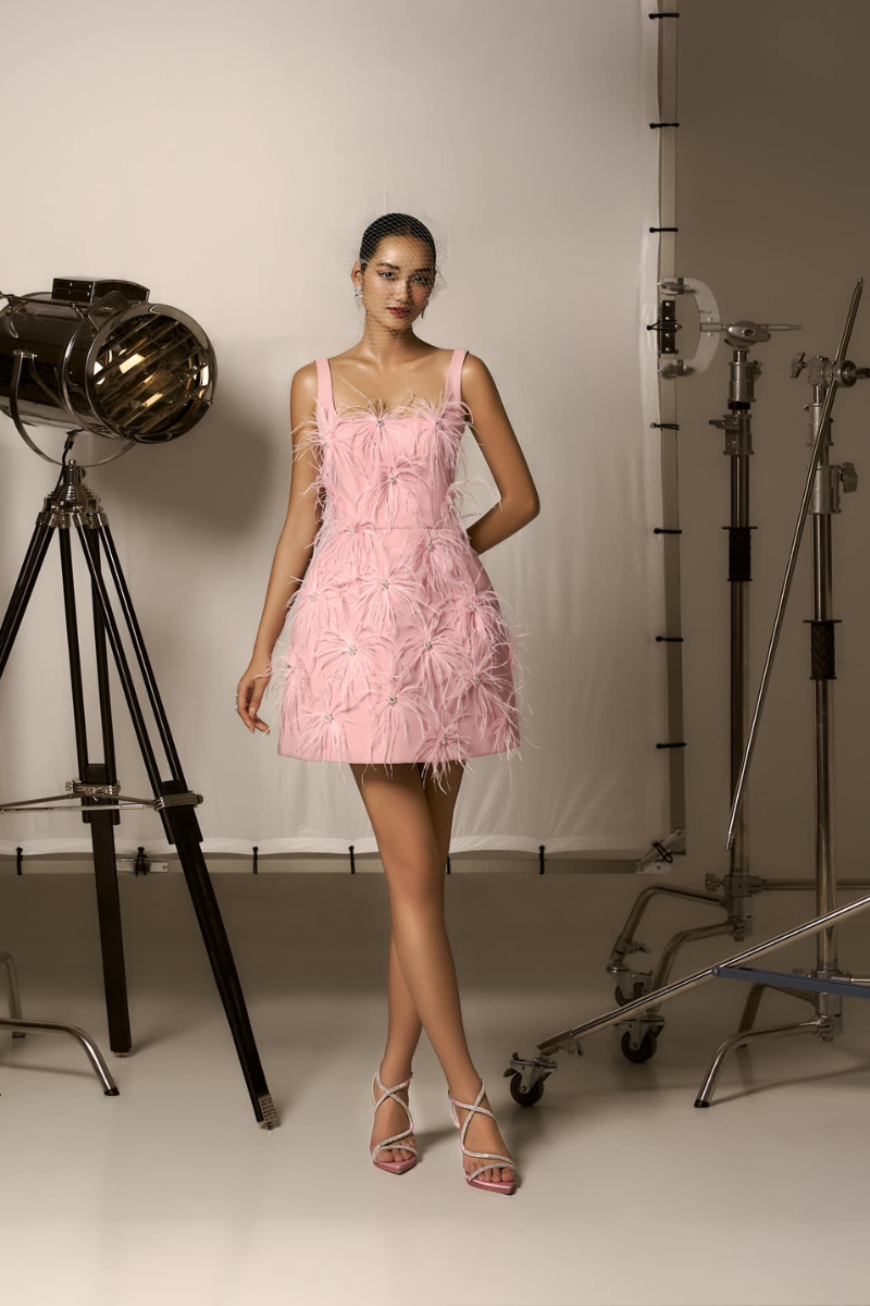 CATHERINE A-LINE STRAPPY CREPE MINI DRESS WITH FEATHERS - CULT MIA