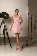 CEM Catherine A-line strappy crepe mini dress with feather details, featuring a fitted bodice and stylish design.