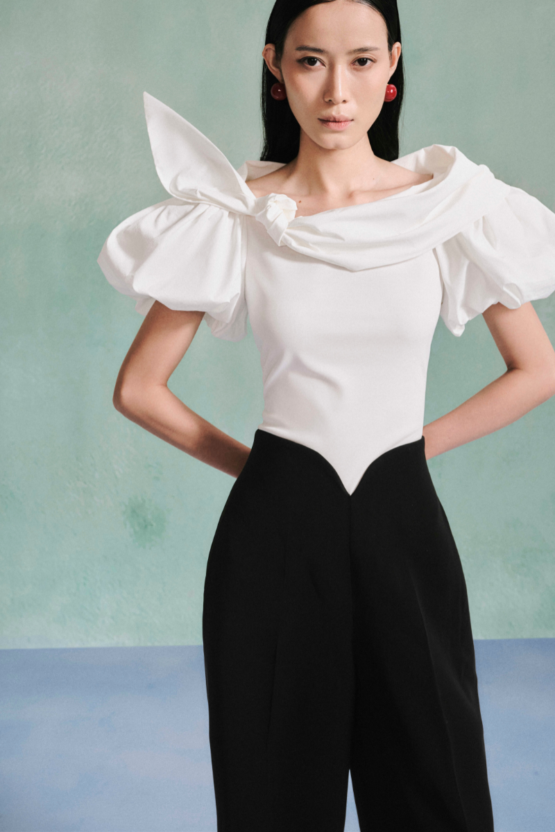 Lecia V-Waist velvet crepe pants with a high waist and tailored fit, shown in black fabric.