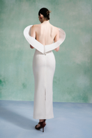 Elegant petal-shoulder gown by LeCia featuring flowing fabric and a graceful silhouette, perfect for formal occasions.