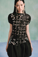 Laser cut satin top by LeCia, stylish women's top featuring intricate cutout details and smooth satin fabric.
