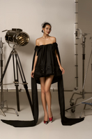 CEM embellishment off-shoulder mesh mini dress with decorative details, showcasing a stylish and trendy design.
