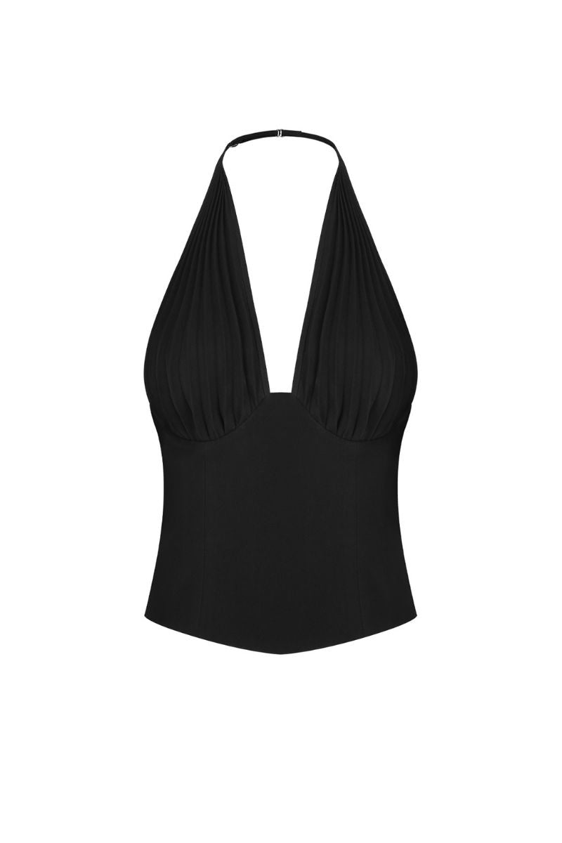 Stolen Stores MS. Pleat Black Coset top featuring pleated fabric and sleeveless design, shown on a white background.