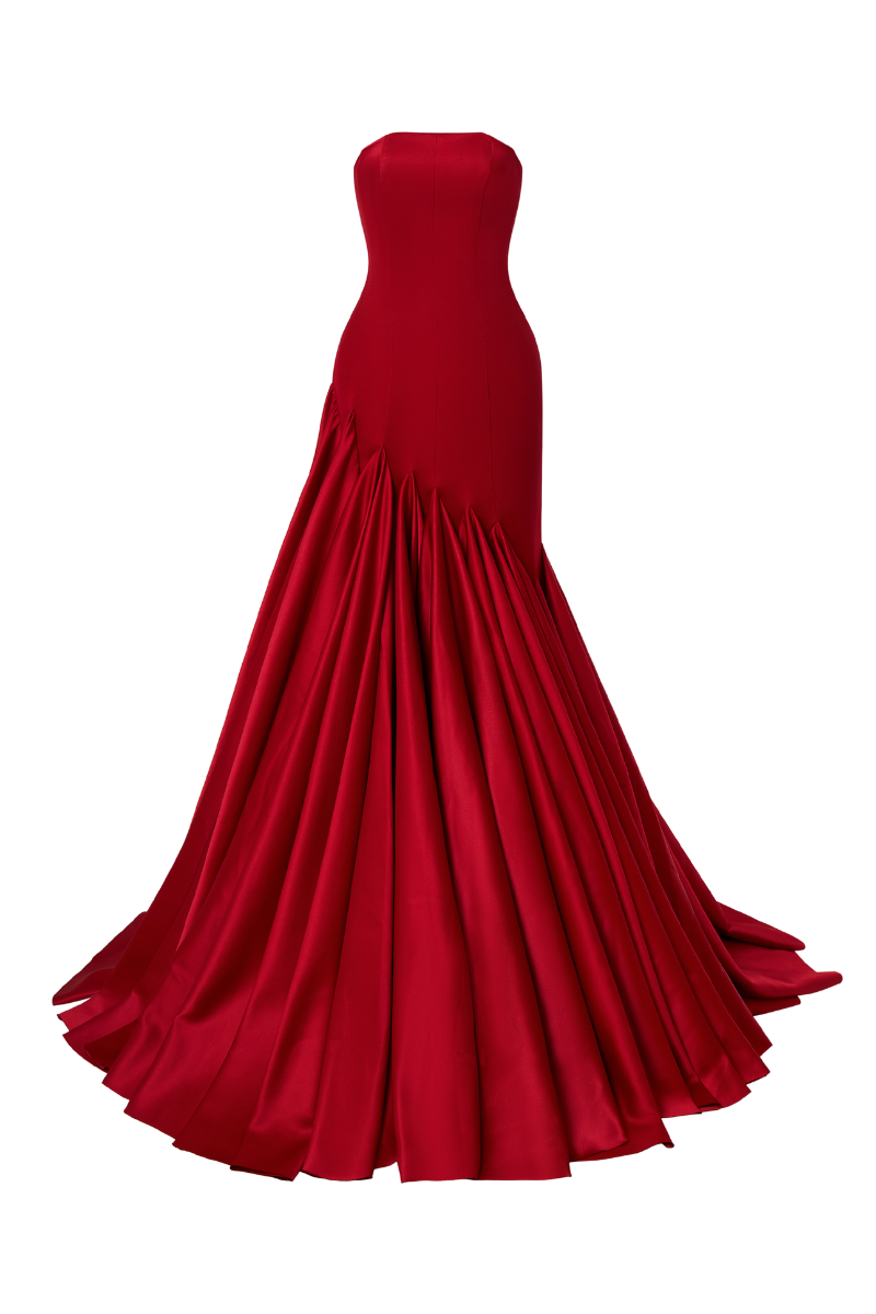 CEM Juniper strapless mermaid maxi dress with fitted bodice and flowing skirt, elegant evening gown in vibrant fabric.
