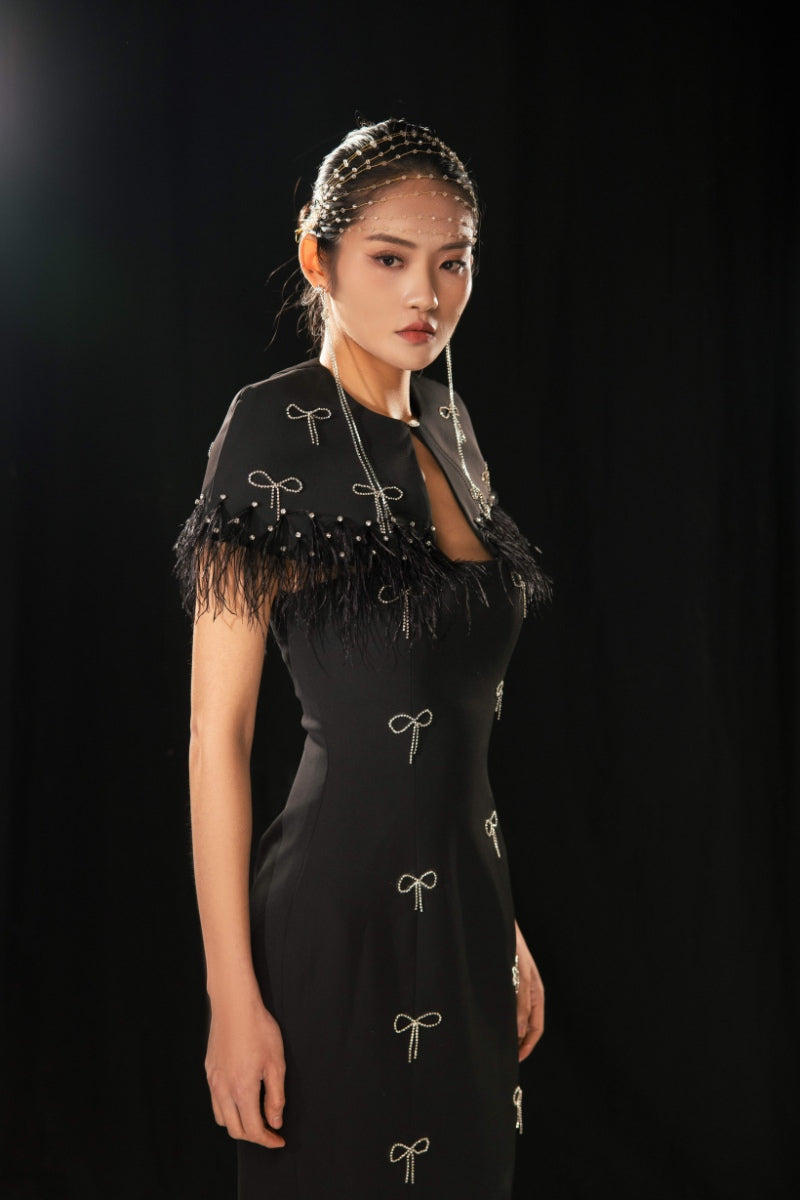 BLACK SPARKLY MAXI DRESS WITH FEATHERS - CULT MIA
