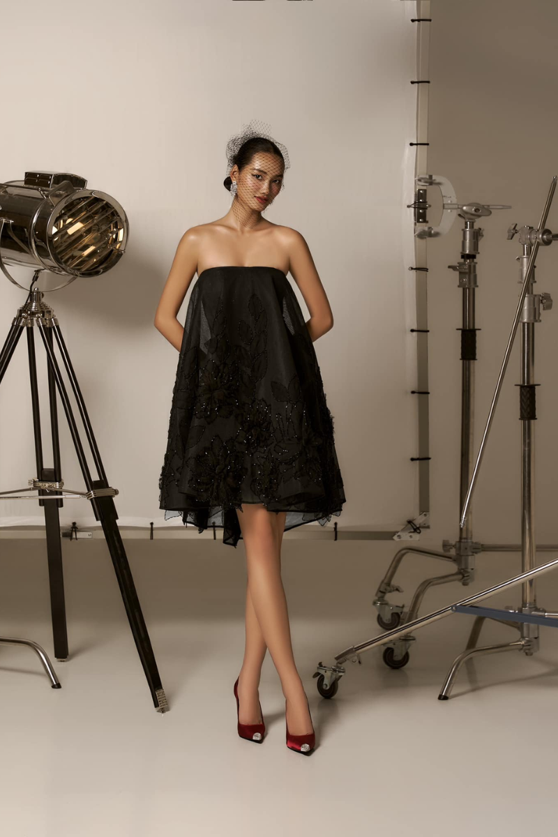 CEM embellishment straight across neck tulle mini dress with elegant design and sheer fabric, perfect for stylish occasions.