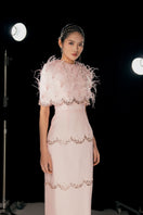 Pink sparkling organza maxi gown by Happy Clothing, flowing design with shimmering fabric and elegant long sleeves.