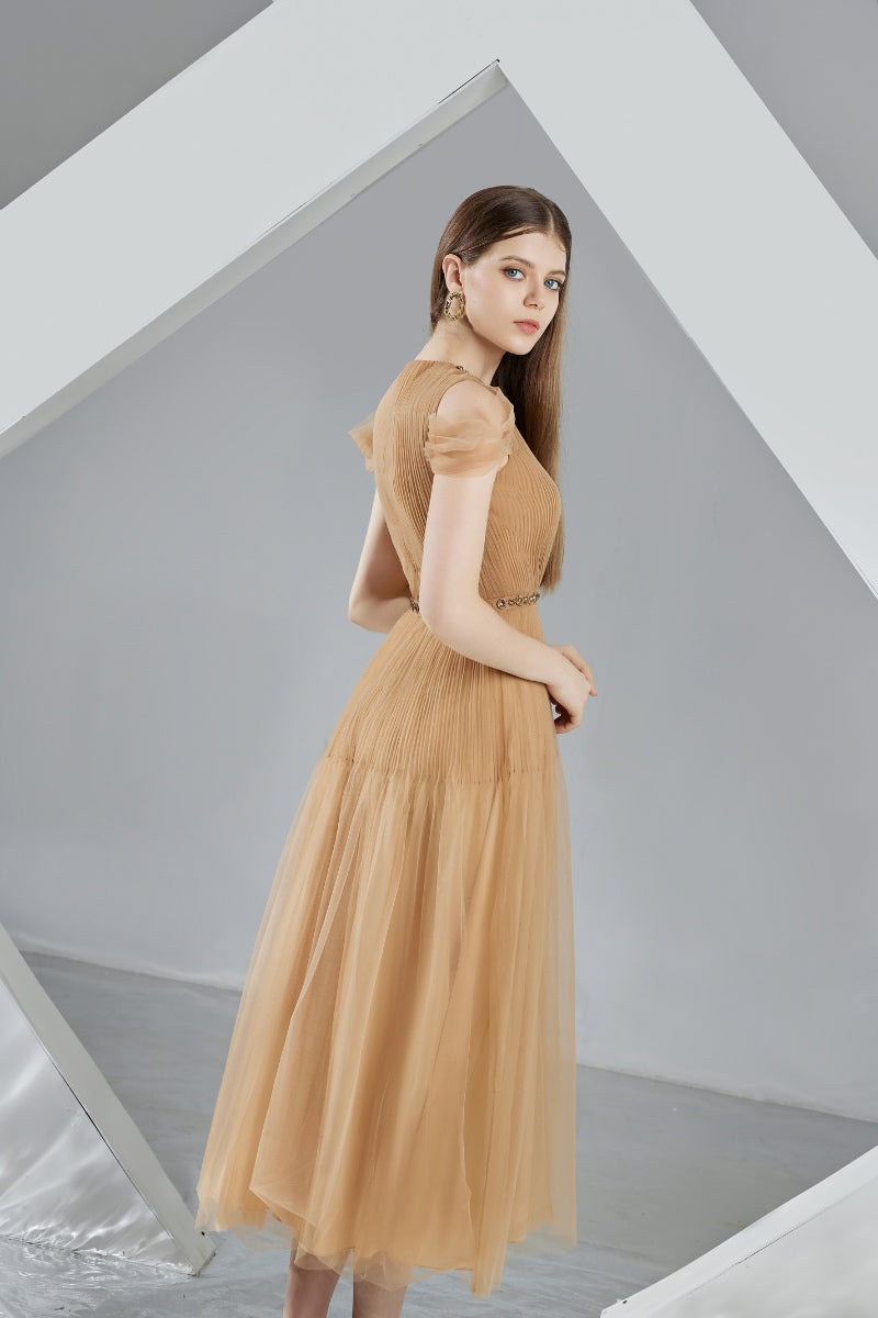 FLORENCE BROWN PLEATED MESH MIDI DRESS - CULT MIA