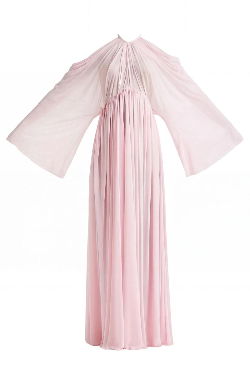 Deme By Gabriella Blossom Dress in Noa Pink, a flowing maxi dress with floral pattern and ruffled details, displayed on a hanger.