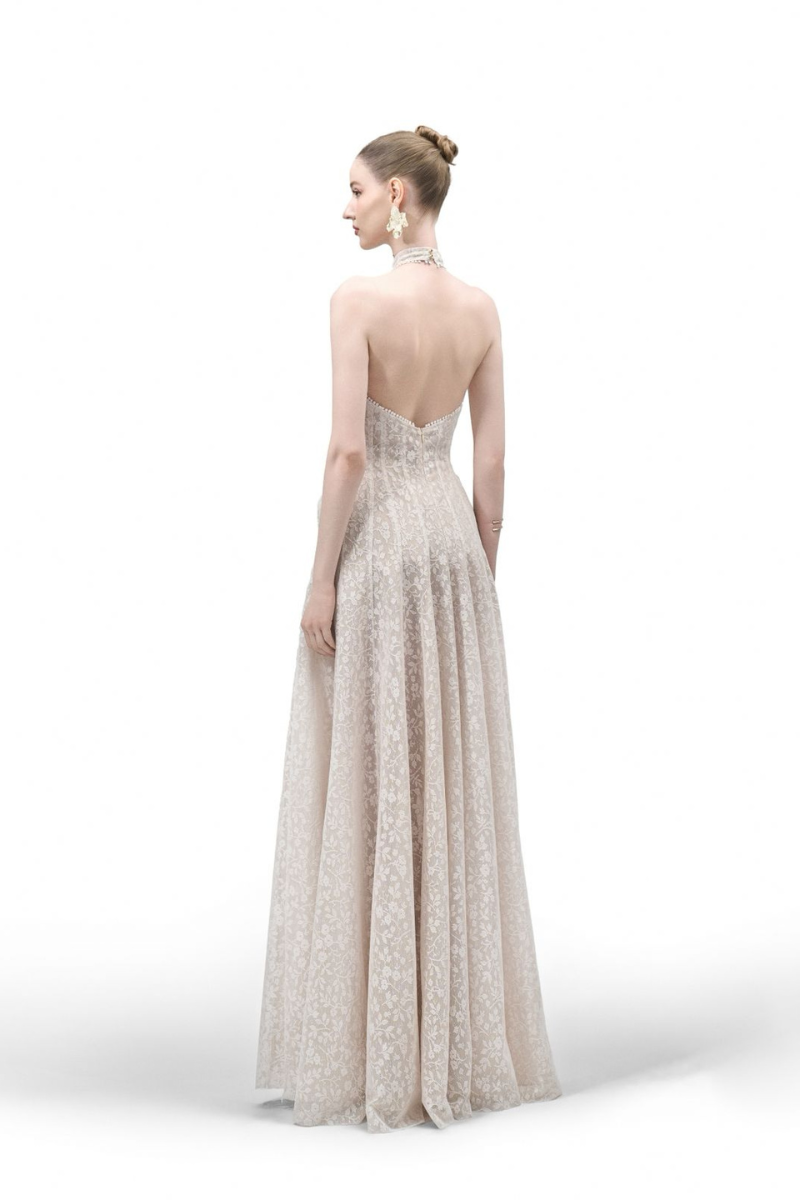 AURELIA A-LINE HALTER NECK LACK FLOOR LENGTH DRESS | CULT MIA | Maison Des Copains AURELIA A-LINE HALTER NECK LACK FLOOR LENGTH DRESS | CULT MIA | Maison Des Copains
