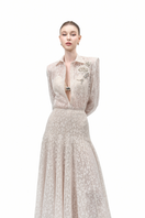 Maison Des Copains high waist lace maxi skirt with A-line silhouette and floor-length design, featuring intricate lace details.