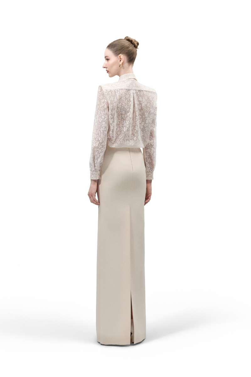 Maison Des Copains VIONNE straight bead crepe floor-length maxi skirt, flowing beige design with subtle bead detailing.