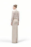 Maison Des Copains Luminara straight collar neck lace shirt, shown in a close-up of the elegant white lace top with collar.