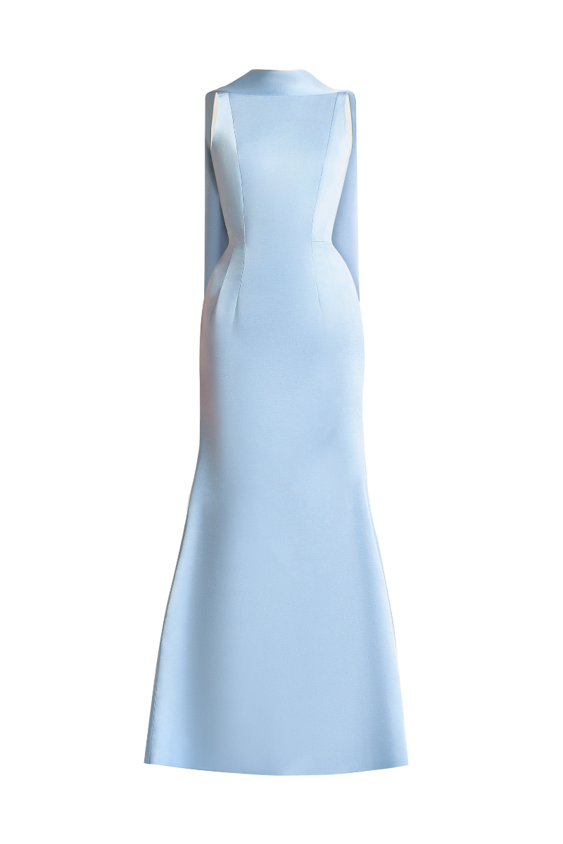 POPPY TRUMPET SLEEVELESS SATIN FLOOR LENGTH DRESS | CULT MIA