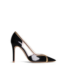 Terry de Havilland Mandi black and gold heels with pointed toe and stiletto heel, stylish women's footwear on a plain background.