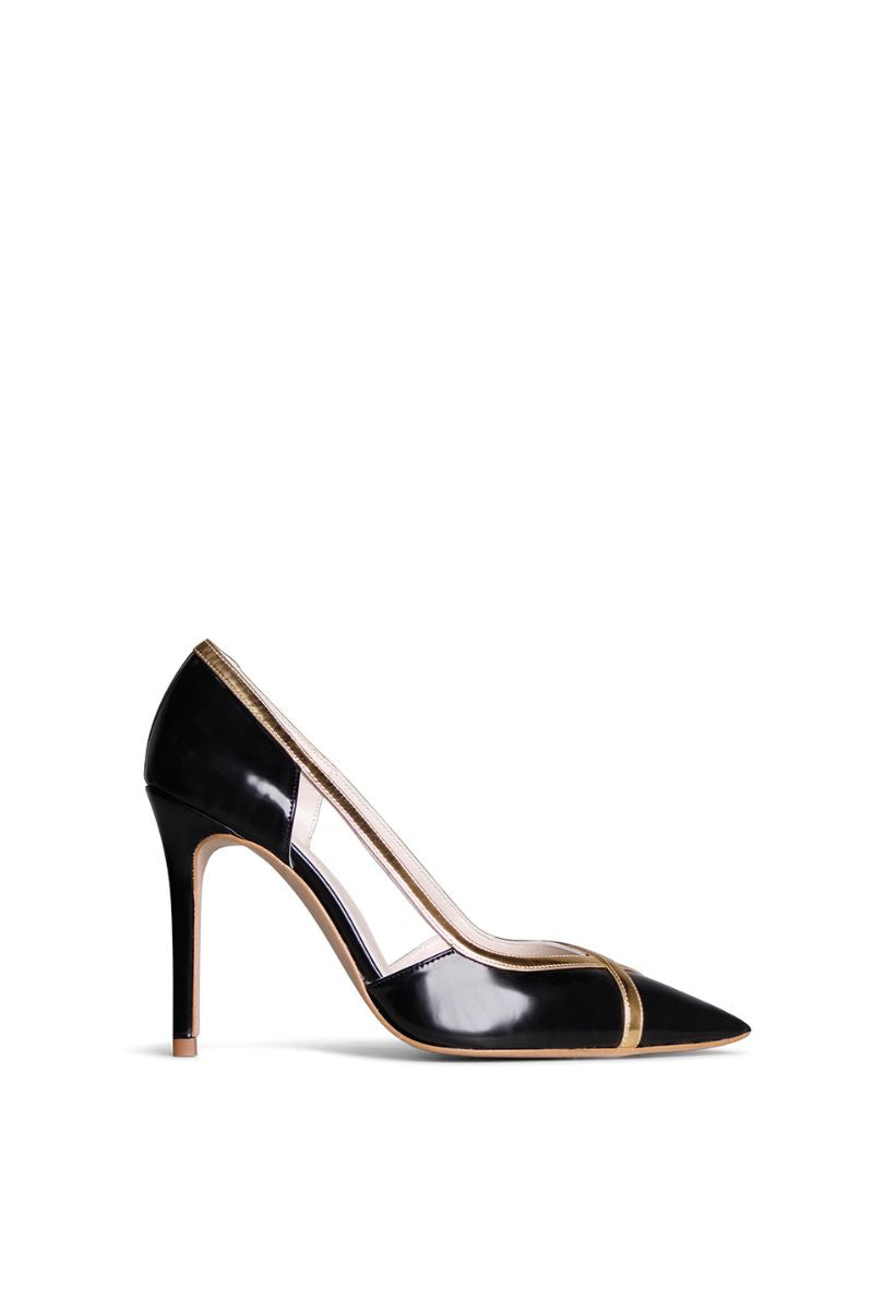 Terry de Havilland Mandi black and gold heels with pointed toe and stiletto heel, stylish women's footwear on a plain background.