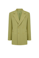Green double-breasted wool jacket by JINSUN, featuring structured design and classic lapels, displayed on a hanger.