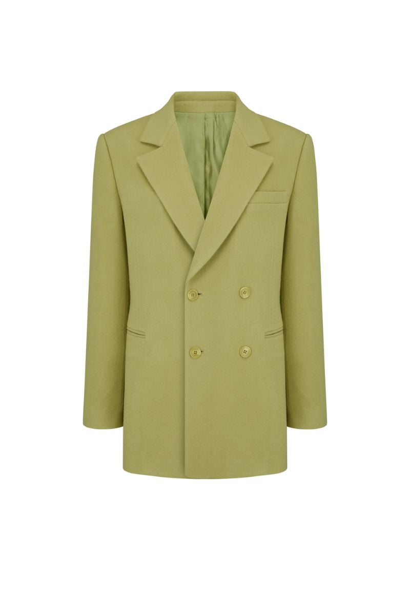 Green double-breasted wool jacket by JINSUN, featuring structured design and classic lapels, displayed on a hanger.