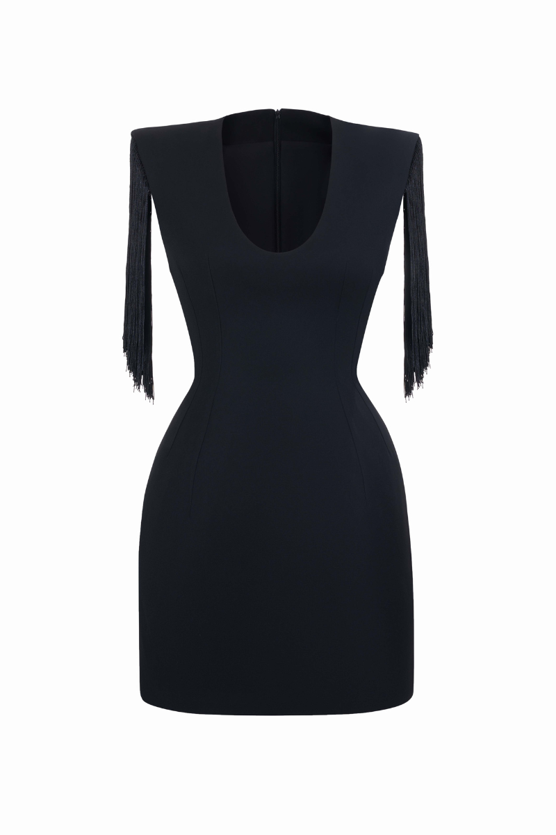 Maison Des Copains Presley Sheath Scoop Neck Mini Dress, fitted black mini dress with scoop neckline and sleeveless design.