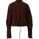 Double A jade suede jacket in brown, showcasing its soft texture and stylish design on a mannequin.