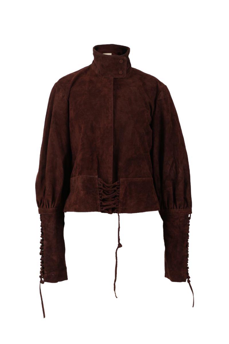 Double A jade suede jacket in brown, showcasing its soft texture and stylish design on a mannequin.