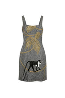 Oceanus St. Barth hand-beaded crystal grey mini dress, elegant sleeveless design with intricate beadwork and shimmering details.