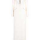 Maison Des Copains Miranda sheath gown with peak lapel, floor-length design, elegant black fabric, and tailored fit.