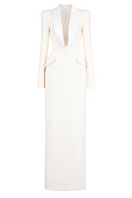 Maison Des Copains Miranda sheath gown with peak lapel, floor-length design, elegant black fabric, and tailored fit.