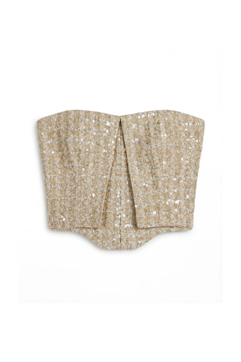 Aquarel Studio gold corset top with structured design and detailed embellishments, styled as a fashionable women's tops.