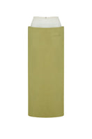 Green JINSUN maxi pencil skirt with a fitted silhouette and tailored design, shown on a hanger.