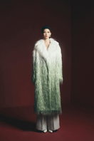 Maison Des Copains Jayla straight V-neck faux fur calf-length trench coat displayed on a model, showcasing its elegant design and plush texture.