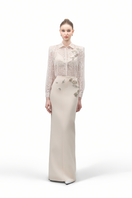 Maison Des Copains Luminara straight-collared lace shirt, stylish top with a collar and lace details, shown on a hanger.