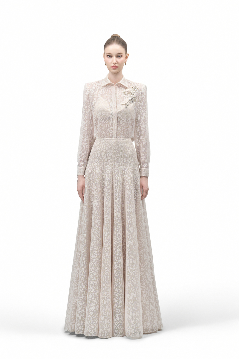 Maison Des Copains LUMINARA A-line high waist lace maxi skirt with floor-length design, flowing and elegant.