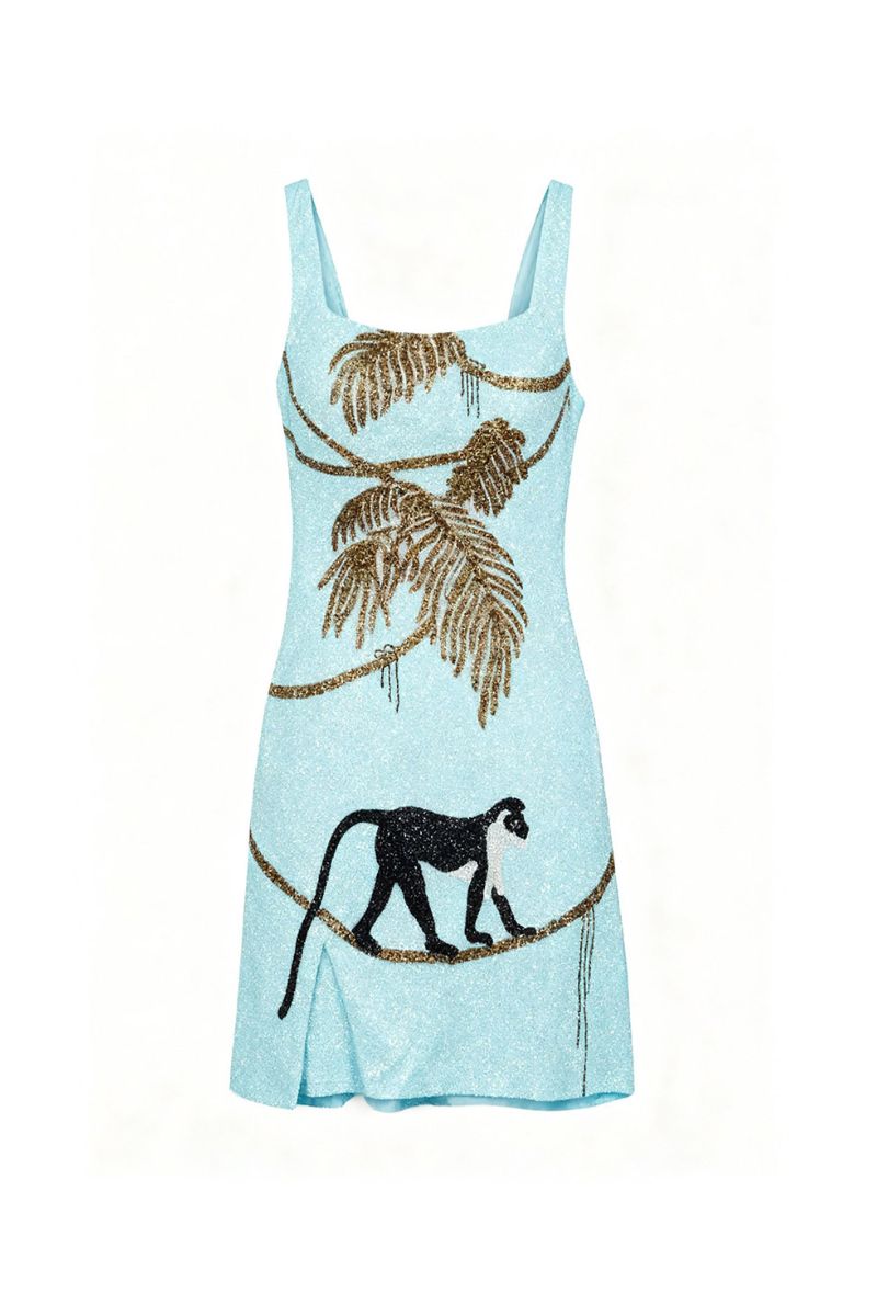 ST. BARTH HAND-BEADED CRYSTAL DRESS IN BLUE