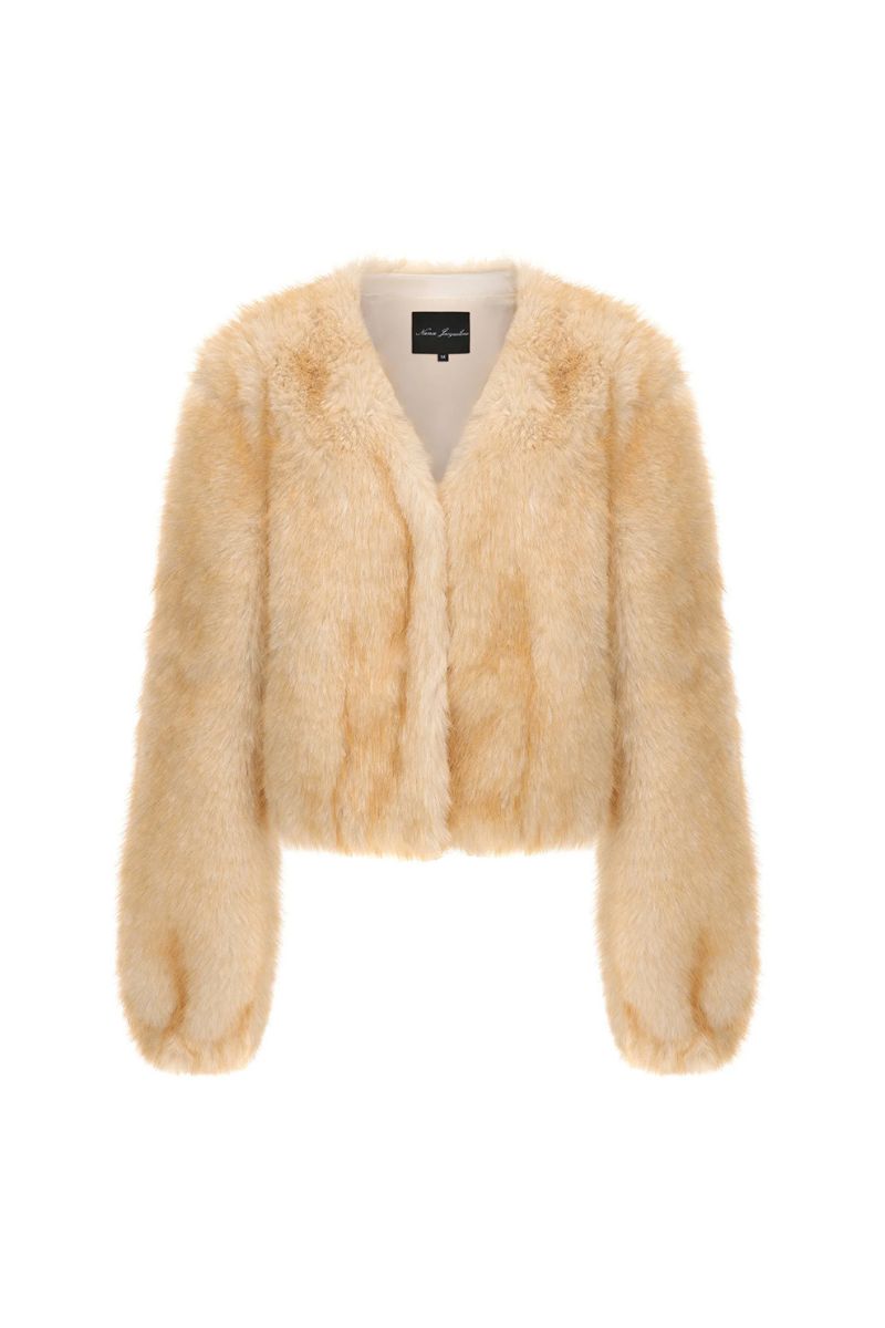Nana Jacqueline Lavinia short faux fur jacket in beige with a collar and long sleeves, stylish and cozy outerwear for cold weather.