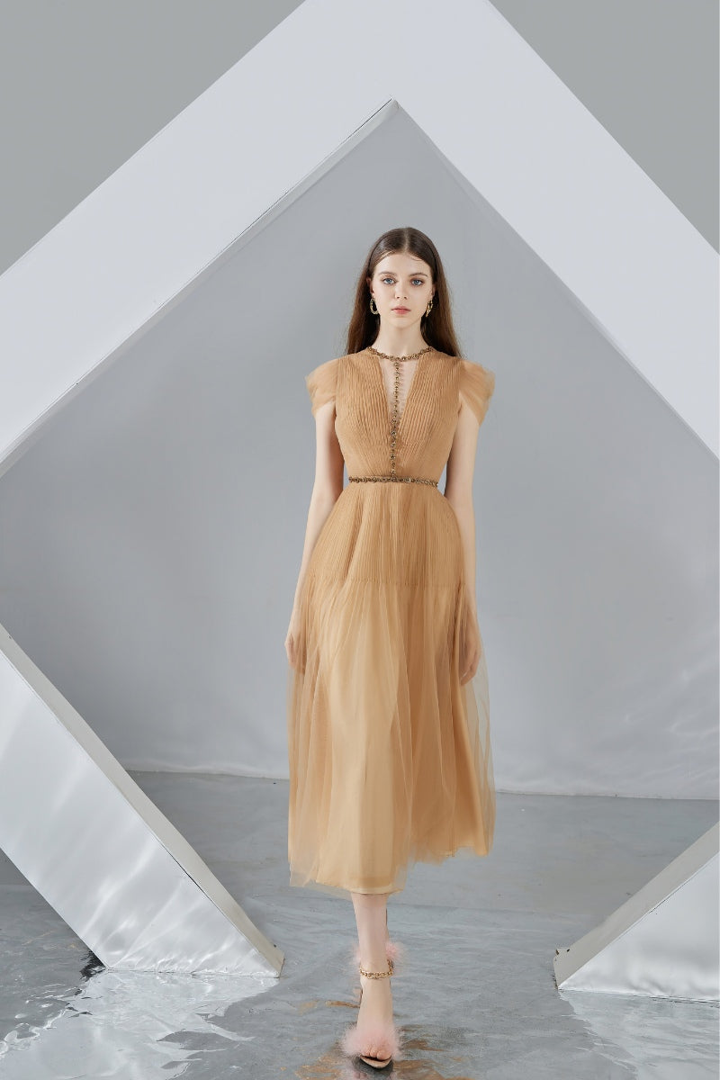 FLORENCE BROWN PLEATED MESH MIDI DRESS - CULT MIA