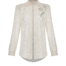 Maison Des Copains Luminaras straight-collared neck lace shirt, stylish white top with intricate lace details and a classic collar.