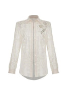 Maison Des Copains Luminaras straight-collared neck lace shirt, stylish white top with intricate lace details and a classic collar.