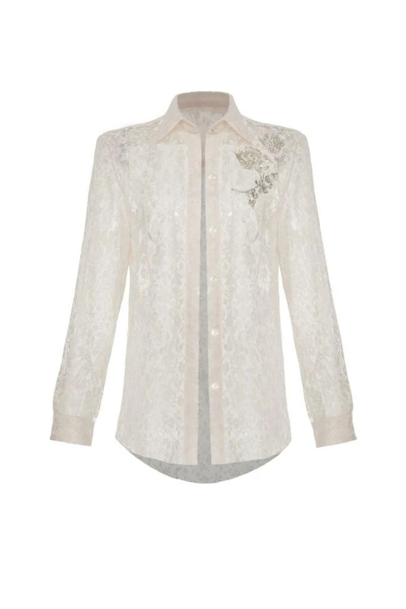 Maison Des Copains Luminaras straight-collared neck lace shirt, stylish white top with intricate lace details and a classic collar.