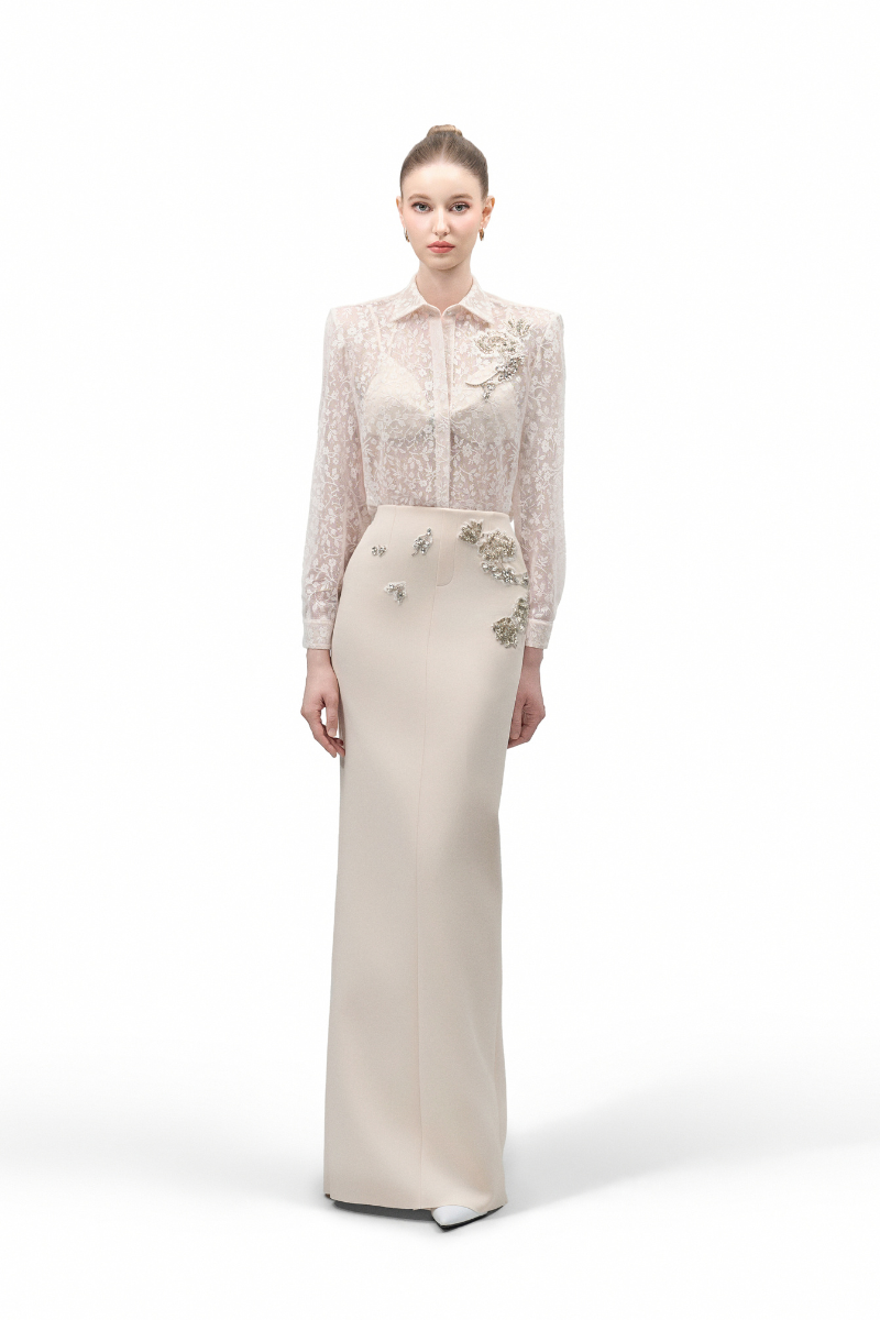 Maison Des Copains VIONNE straight bead crepe floor-length maxi skirt, elegant and flowing with a sleek design.