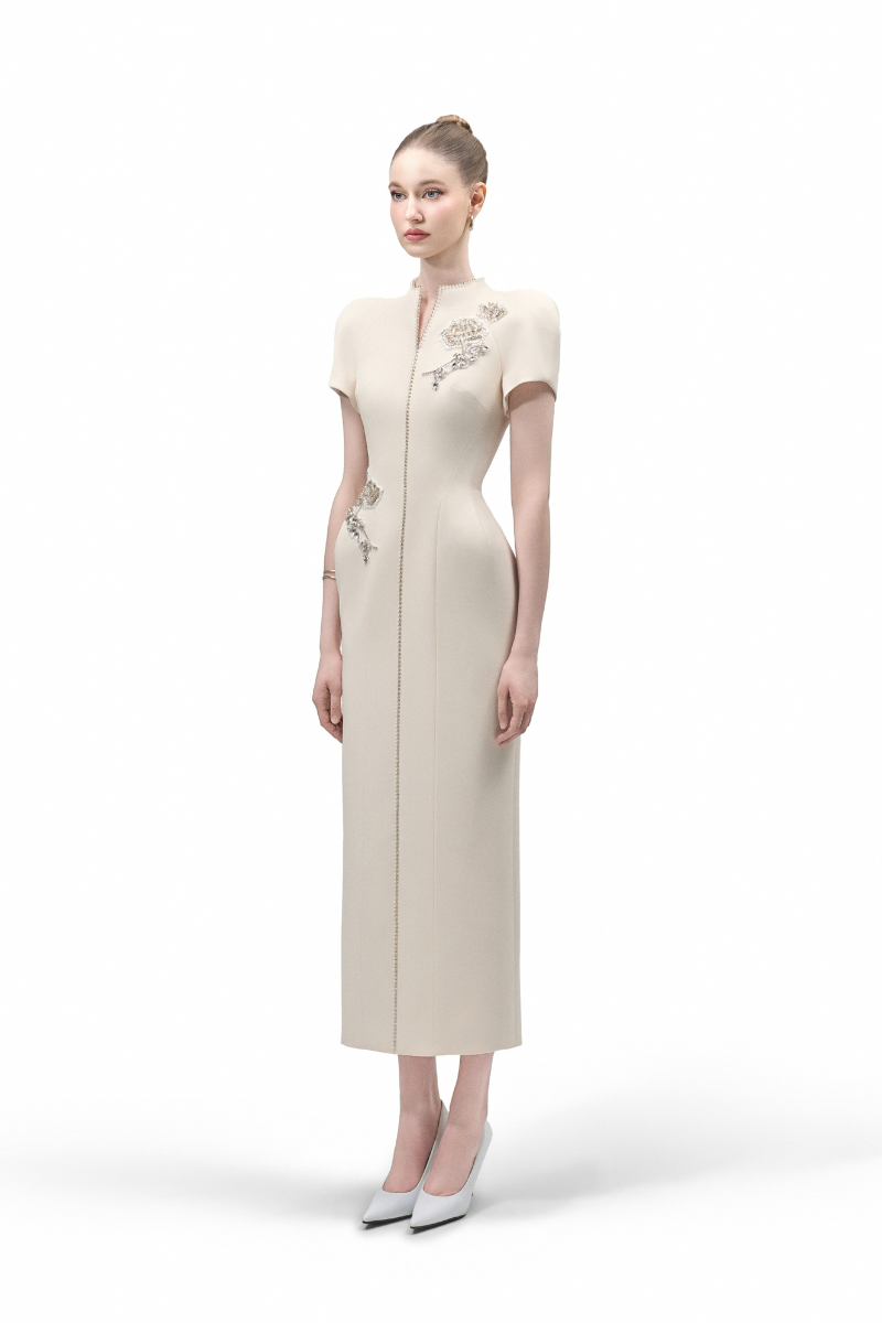 Maison Des Copains ELYSIA SHEATH MANDARIN COLLAR CREPE CALF LENGTH DRESS | Cult Mia Maison Des Copains ELYSIA SHEATH MANDARIN COLLAR CREPE CALF LENGTH DRESS | Cult Mia