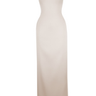 Maison Des Copains Bautista satin gown with criss-cross neck, floor-length design, elegant sheath style, showcased in the image.