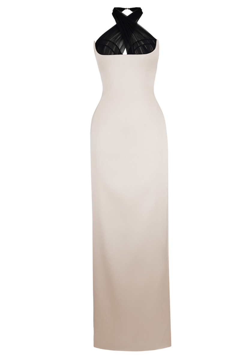 BAUTISTA SHEATH CRISS CROSS NECK SATIN FLOOR LENGTH DRESS - CULT MIA