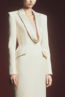 Maison Des Copains Miranda sheath gown with peak lapel, floor-length design, elegant evening dress in a sleek, sophisticated style.