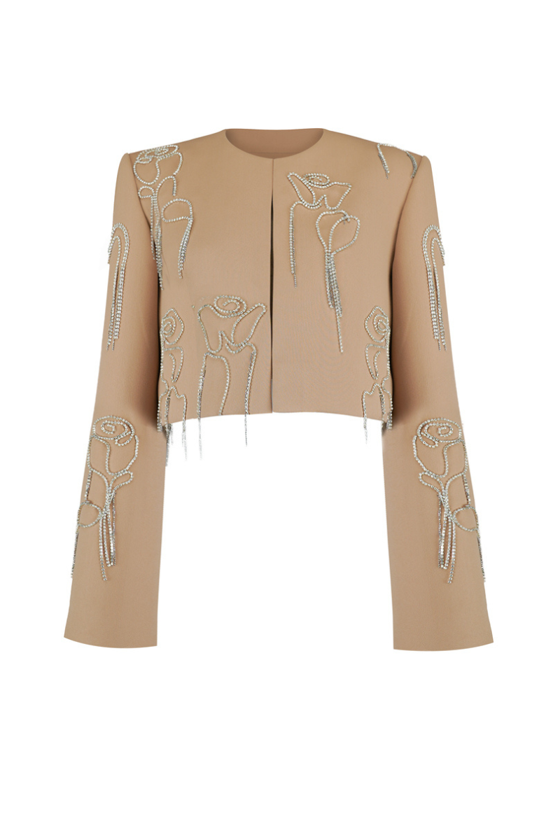 Maison Des Copains blazer jacket with straight square shoulder design and wrap style, shown in a sleek, tailored fit.