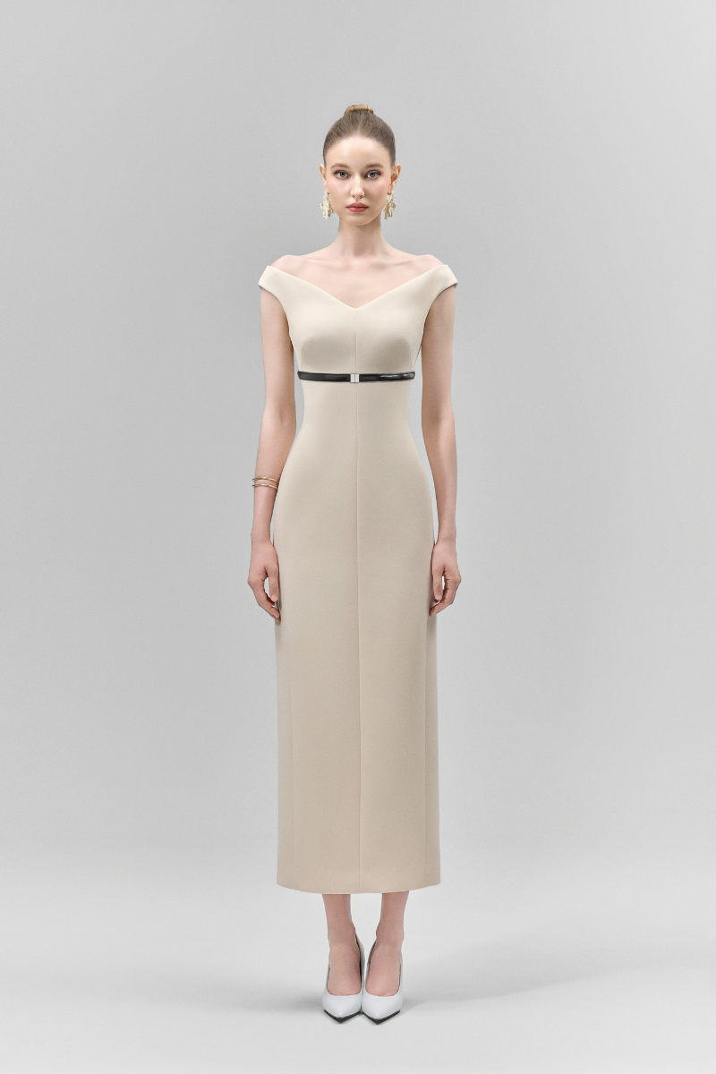 CREAM ISMERA SHEATH OFF-SHOULDER CREPE CALF LENGTH DRESS