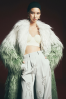 Maison Des Copains Jayla straight faux fur calf-length trench coat with V-neck, stylish and warm for cold weather.